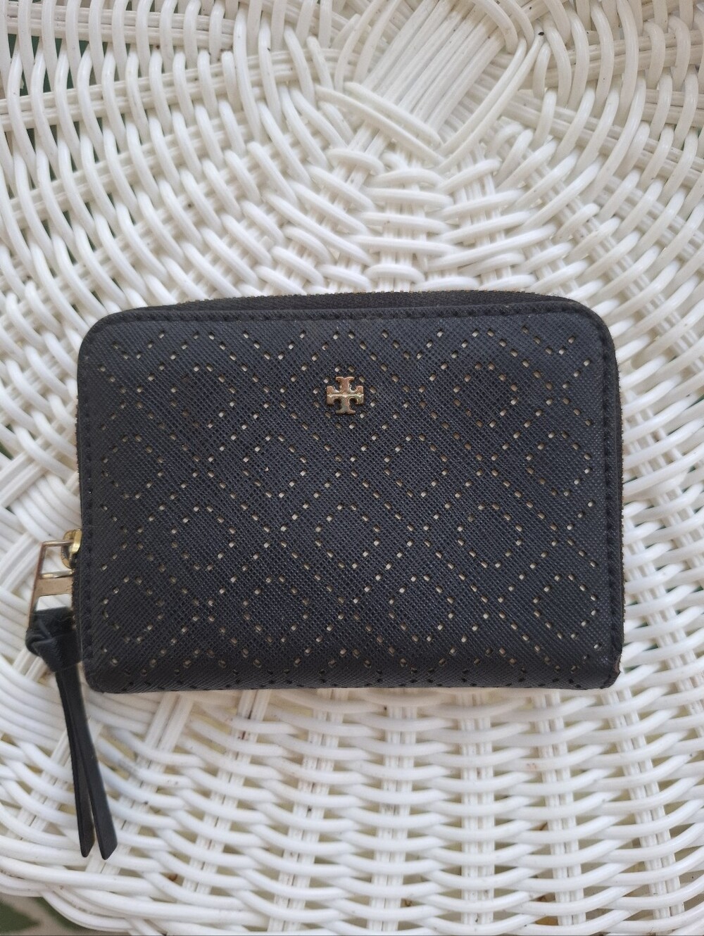 Tory Burch Kerrington Laser-Cut Leather Zip-Around Mini Wallet Coin Case Blue